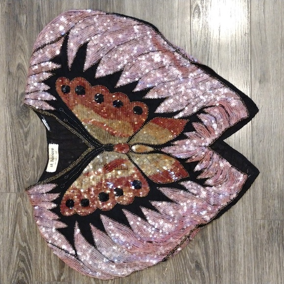 Tops - Sequined 1980s silk butterfly blouse